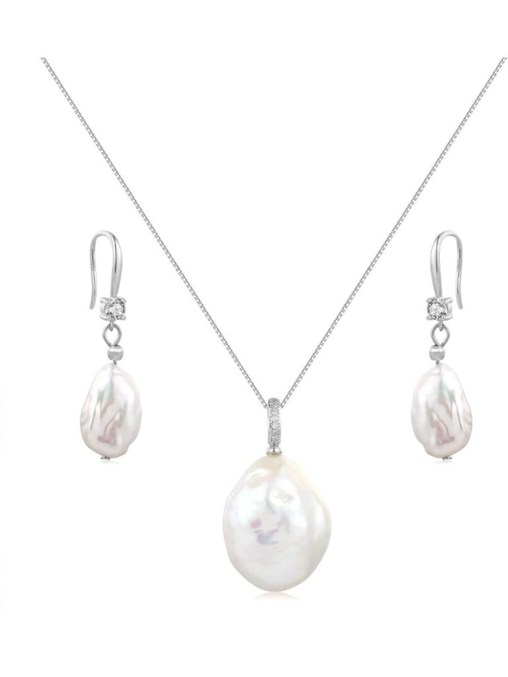 Elegant White Baroque Pearl Necklace & Earring Set, S925 Sterling Silver